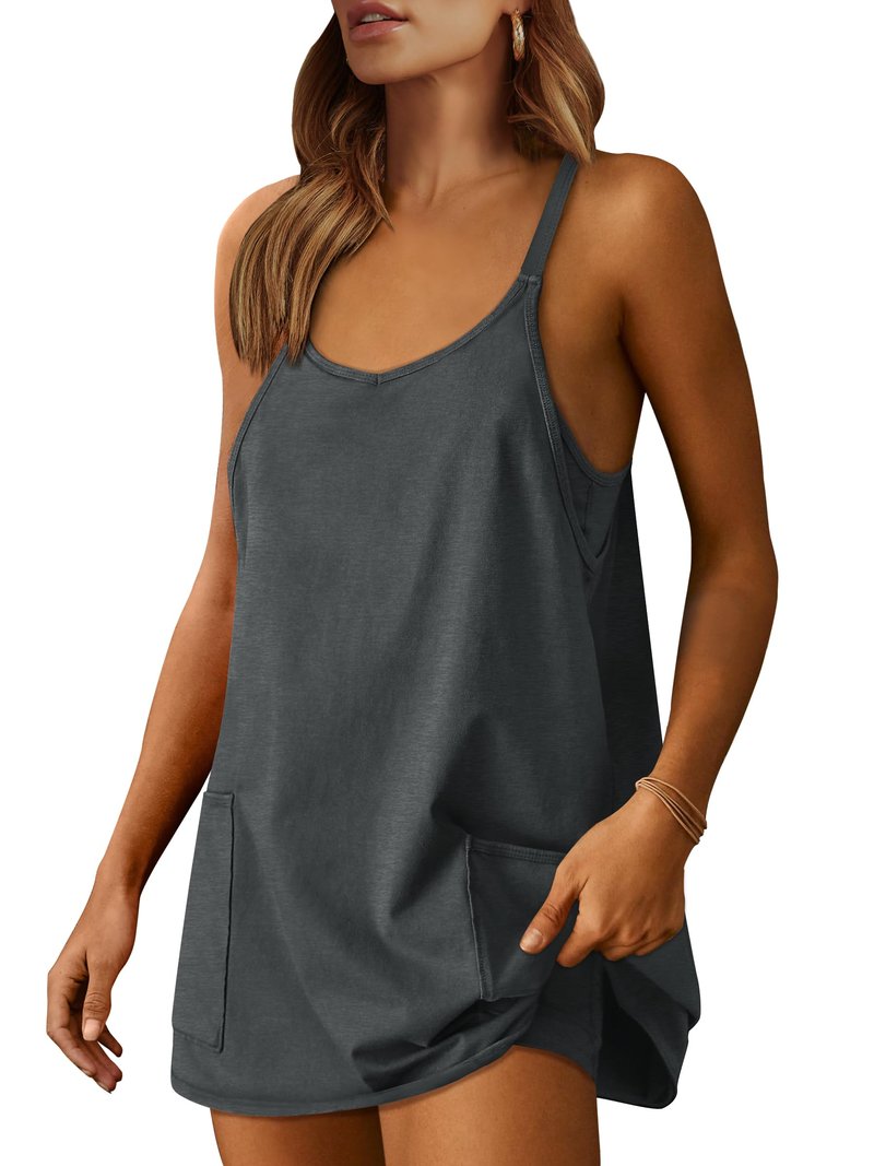 ANRABESS Women Athletic Dress Summer Tennis Workout Active Sports Mini Romper Dress Built in Shorts Travel Vacation Clothes Deep Gray Medium