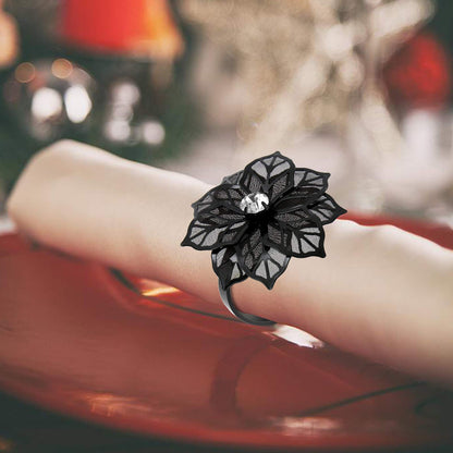 BEAVOING Pack of 18 Napkin Rings Alloy Hollow Out Flower Napkin Holder Dinning Table Napkin Ring for Dinner Parties Wedding Banquet Table Setting Family Gatherings Table Decor (Black Flower, 18)