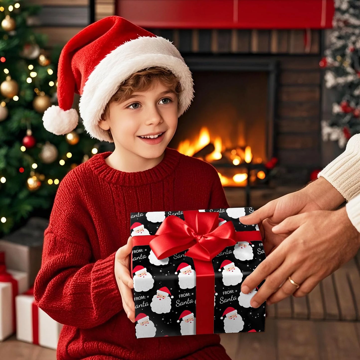 WRAPAHOLIC Reversible Vintage Christmas Wrapping Paper - Mini Roll - 17 Inch x 33 Feet - Black Jolly Santa Wrapping Paper and Red Merry Christmas Design with Metallic Foil Shine for Holiday, Party