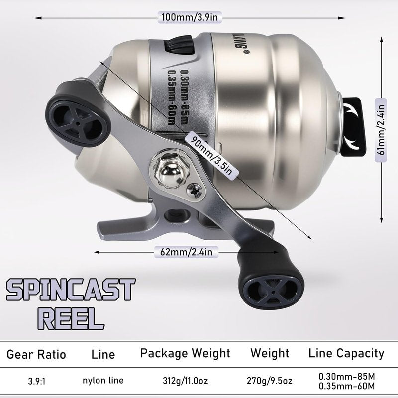 Sougayilang Spincast Fishing Reel, Size 30 Reel, Right or Left-Hand Retrieve, 3.9:1 Gear Ratio, Pre-spooled with Mono Fishing Line-Silver