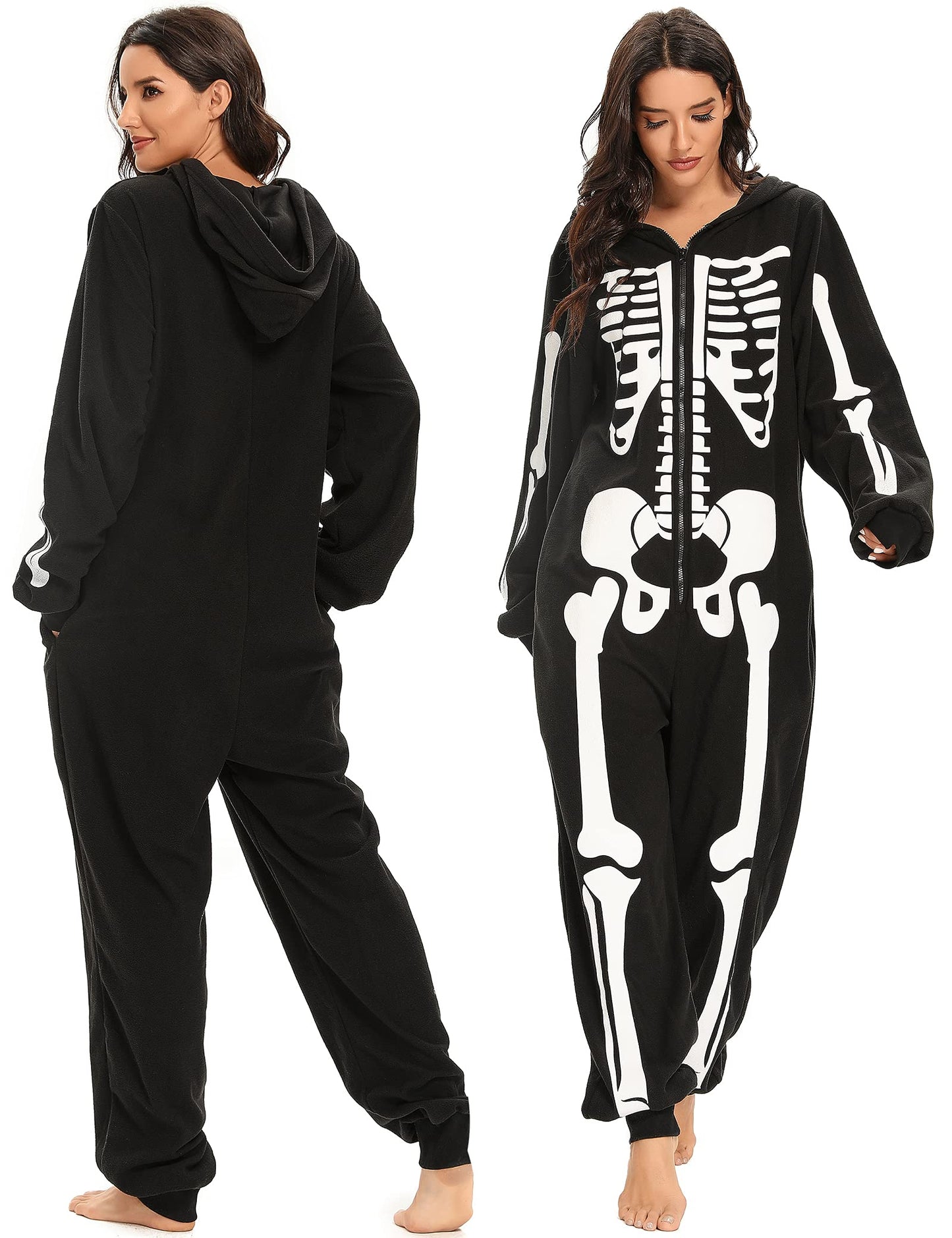 Padama Adult Halloween Skeleton Costume - Unisex Skeleton Plush Pajamas Onesie, Cozy Halloween Adult One Piece Skeleton Cosplay Costumes for Women M