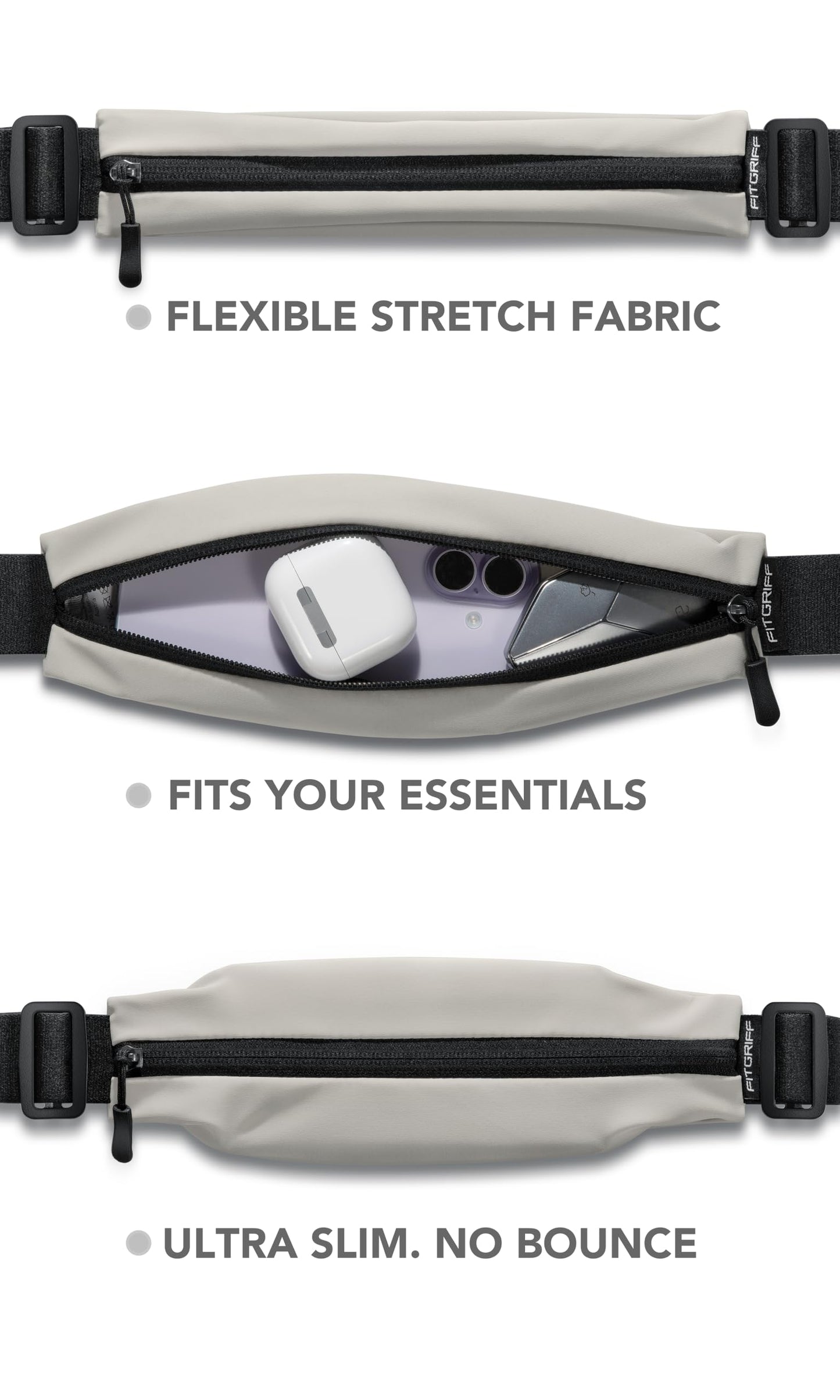 Fitgriff® Running Belt V2 for Men & Women - Slim Fanny Pack, Phone Holder for Jogging, (Fits All Cell Phones) - Money Belt, Runners Waist Pouch (Light Taupe, One Size (Waist 24.4 – 43.3 inches))