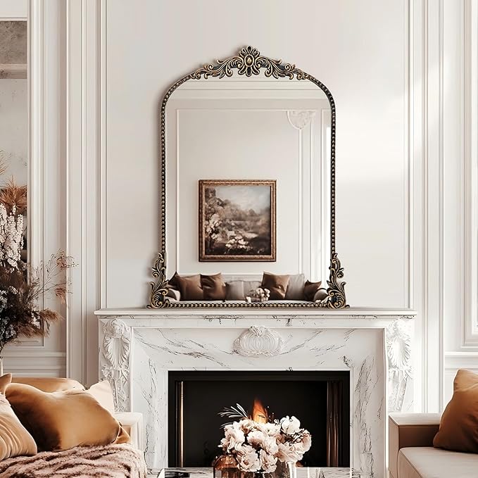 Growsun Vintage Black Arched Mirror, 24’’x36’’ Antique Baroque Ornate Wall Mirror Decor with Full Metal Frame for Fireplace/Entryway/Living Room/Bathroom