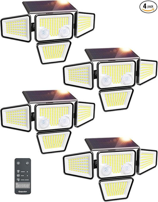 Ensenior Solar Lights Outdoor, IP65 Waterproof Motion Sensor Outdoor Light with Remote Control, 279 LED 4 Heads Solar Security Light with 4 Mode, 270° Wide Angle Solar Flood Light for Outside, 4 Packs