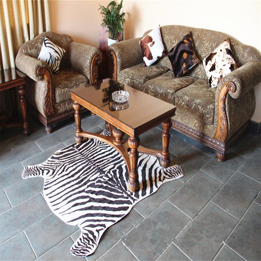 Zebra Print Rug Faux Animal Printed Skin Area Rug Carpets for Home,Living Room, Office ，Yellowish Cream Color (4.9x4.6 Feet)