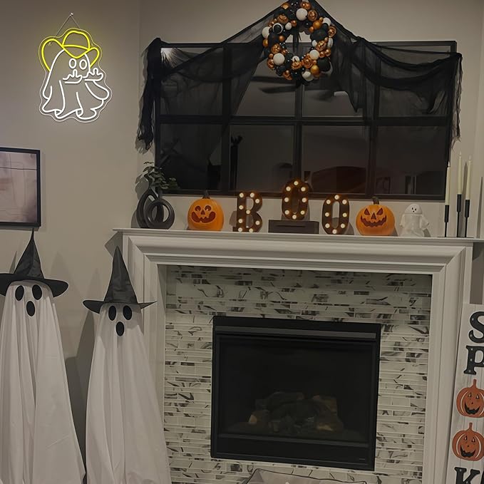 WX&YH Cowboy Ghost Giving The Finger Neon Sign Halloween Neon Signs for Wall Decor Spooky LED Lights for Porch Man Cave Room Bar Halloween Bash Unique Gift for Friends Halloween Nights