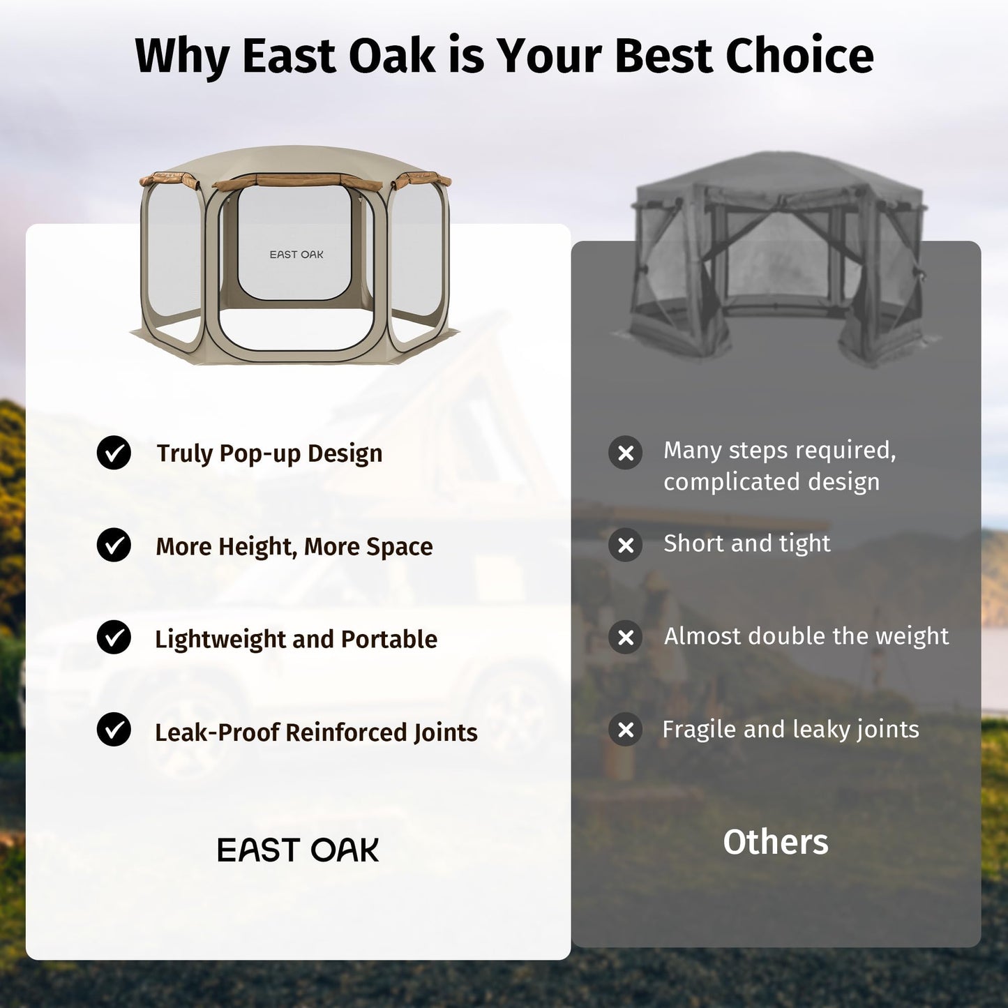 East Oak 12×12 FT Pop Up Canopy Tent with Mesh | Outdoor Screen House with 4 Sunshades | Instant Canopy with Portable Carry Bag | Gazebo Tent for Camping, Patio, and Beach | Beige