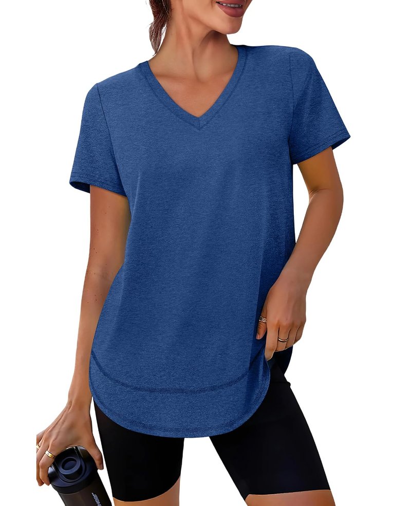 Summer Tops for Women 2026 Short Sleeve Workout Clothes Athletic Shirts Pilates Outfits Camisetas Deportivas para Mujer V Neck Blue L