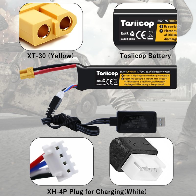 Tosiicop Airsoft Gel Blaster Battery - 11.1V 2000mAh Airsoft Lipo Batteries 3S for Water Bead Splat Ball Splatter XT-30 Plug with XH-4P Connector Rechargeable Charging Cable