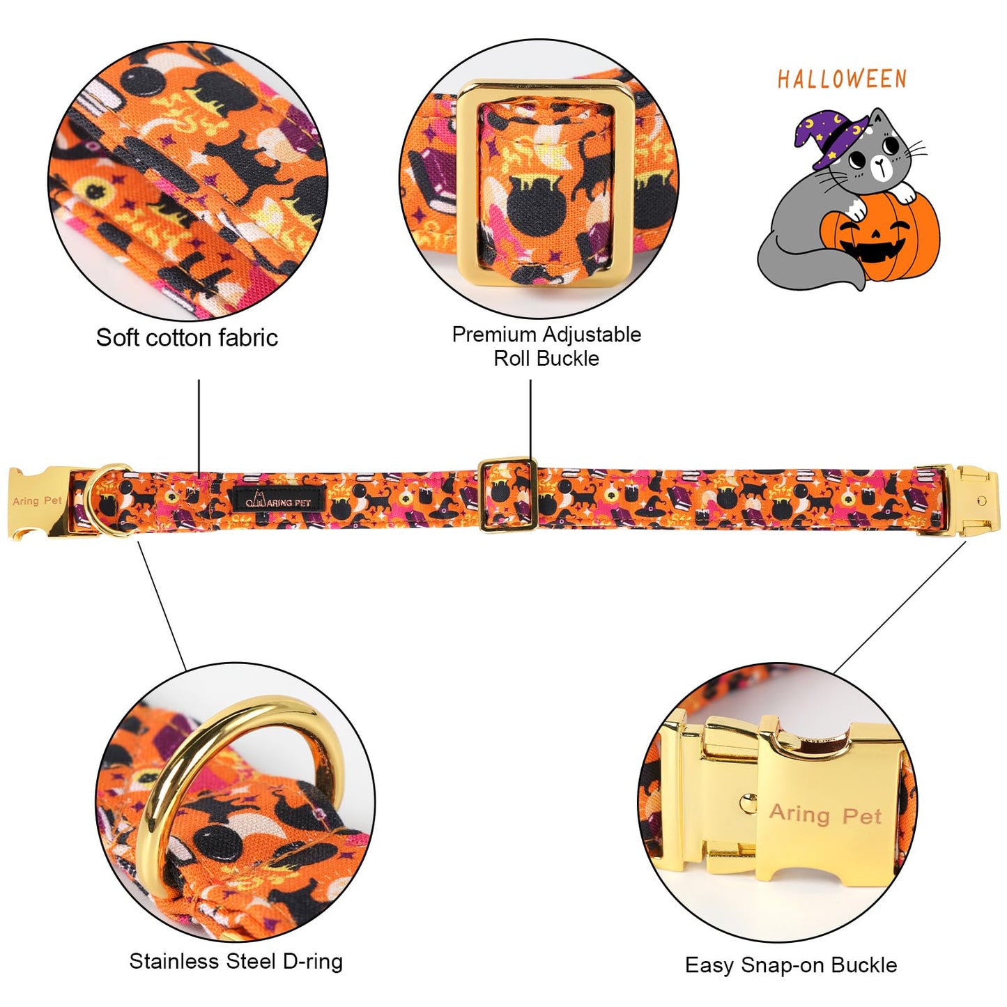 ARING PET Halloween Dog Collar, Cute Orange Festival Dog Collar with Bow, Adjustable Cotton Halloween Pet Collars with Metal Buckle