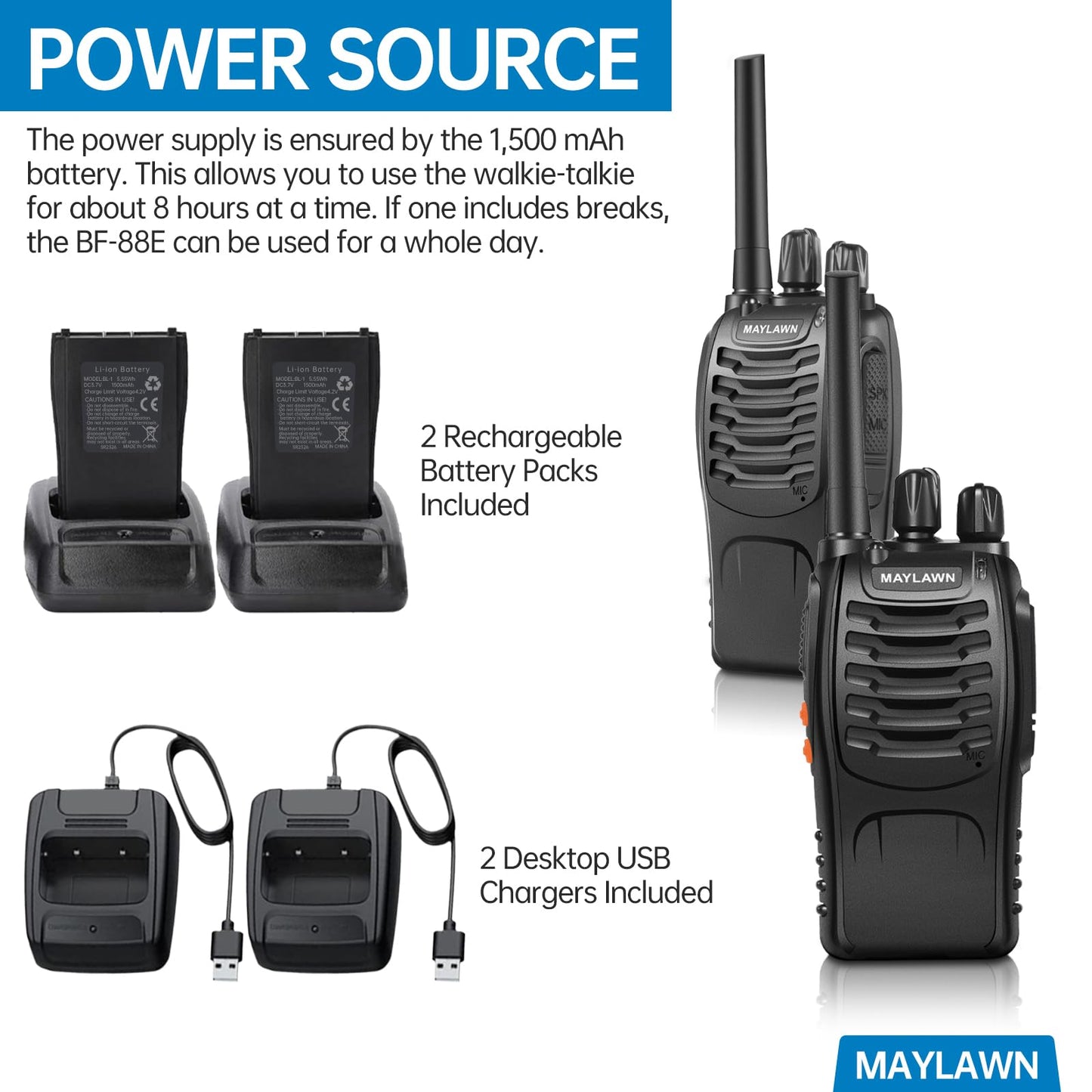 Maylawn Walkie Talkies Long Range 2Pcs, Walkie Talkies for Adults with Rechargeable Batteries, 2 Way Radio with LED Light Earpieces 16CH Supports VOX Function