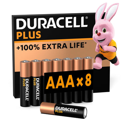 Duracell Plus AAA Batteries (8 Pack) - Alkaline 1.5V - Up To 100% Extra Life - Reliability For Everyday Devices - 0% Plastic Packaging - 10-Year Storage - LR03 MN2400