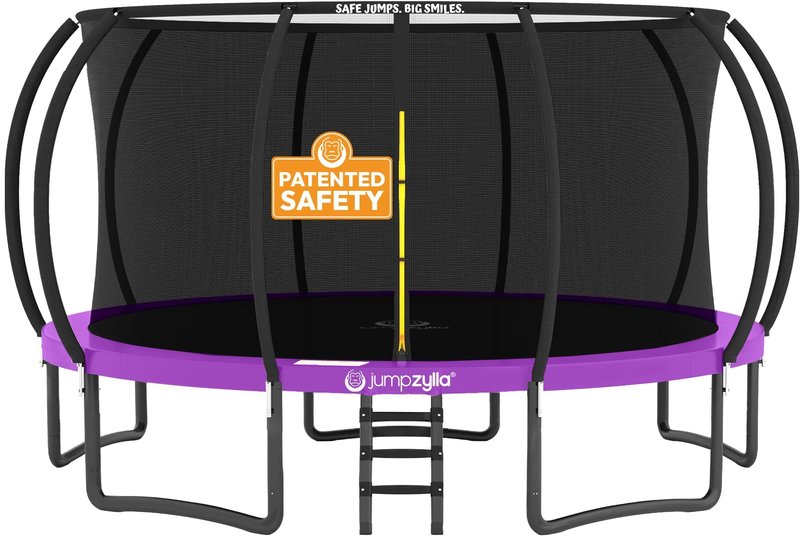 JUMPZYLLA Trampoline Outdoor 8FT 10FT 12FT 14FT 15FT 16FT with Enclosure and Ladder, ASTM Approved Recreational Trampoline for Kids and Adults, Anti-Rust Coated Frame (Purple, 16FT)