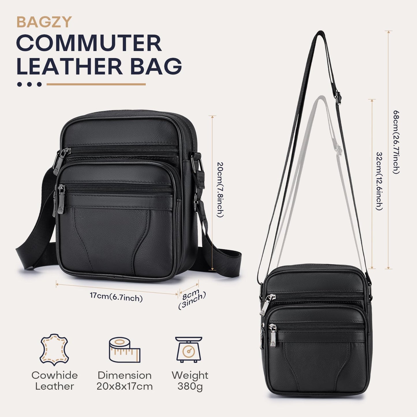 BAGZY Mens Genuine Cowhide Leather Shoulder Bag Ipad Case Bag Messenger Bag Crossbody Satchel Handbag Top-handle Travel Business bag for Kindle Tablet Wallet Purse Mobile Phones Black