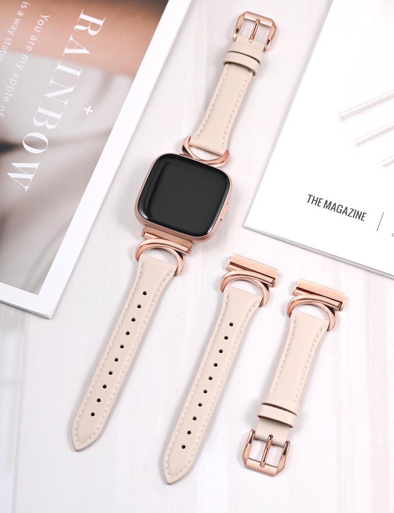 Minyee Leather Band Compatible with Fitbit Versa 2/Fitbit Versa/Versa Lite Bands Women, Slim Thin Dressy Designer Premium Leather Strap with C-Shape Metal Buckle for Versa 2 Watch, Starlight/Rose Gold