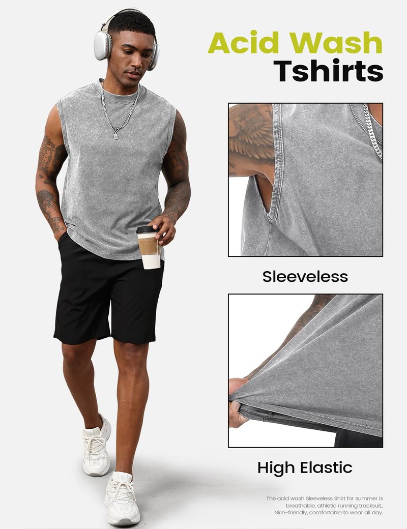 Yimoon Mens Tank Tops Workout Sleeveless Shirts Cotton Acid Wash Tees Loose Gym Muscle Shirts(GreyKhakiBeige-L)