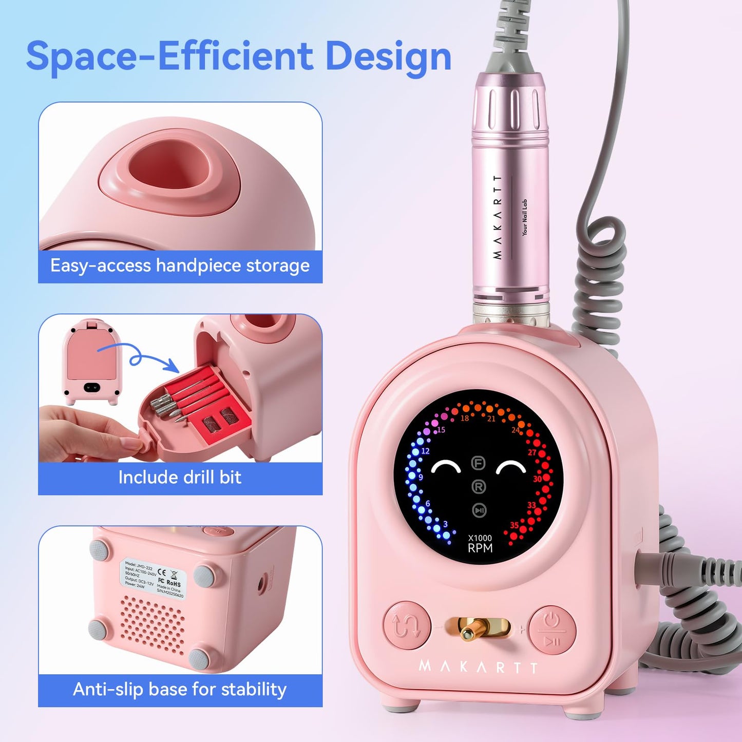 Makartt Electric Nail Drill - 35000RPM Rechargeable Efile with Coreless Motor, Nouvella Portable Nail Filer Machine for Acrylic Gel Removal with Drill Bits Set, Black