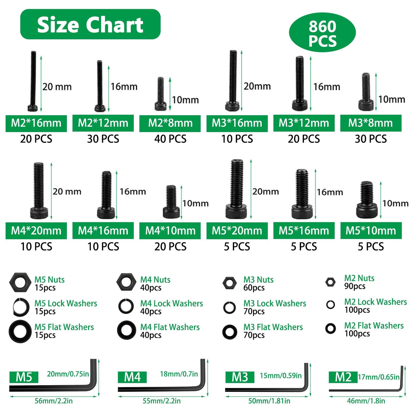 860PCS Metric Screw Assortment Kit, M2 M3 M4 M5 Machine Screws with Lock & Flat Washers, 12.9 Grade Alloy Steel, Metric Hex Socket Head Cap Nuts and Bolts Assortment Kit with 4 Wrenches