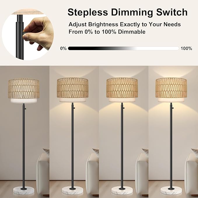 Floor Lamp for Bedroom,Rattan Floor Lamp,Modern Standing Lamp with Marble Base,Dimmable Standing Lamp for Bedroom, Reading,Office & Kids' Room,LED Bulb Included(Rattan)