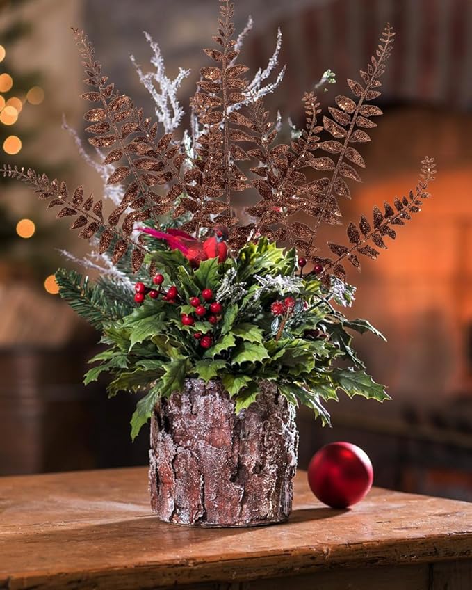 DILATATA 6Pcs Christmas Glitter Leaves Boston Fern Leaves 25" Artificial Bronze Fern Leaf Picks Sprays Giltter Stems for Christmas Tree DIY Xmas Wreath Garland Home Decor - Bronze