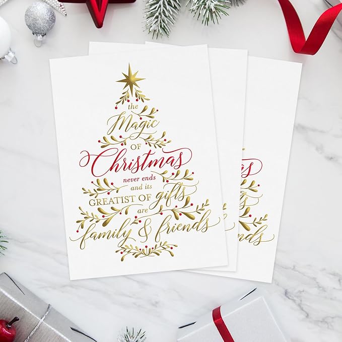 Masterpiece Believe In The Magic Of Christmas Cards / 15 Boxed Holiday Card Set With Shiny Foil Accents And Coordinating Red Foil Lined Envelopes / 5 5/8" x 7 7/8" Folded Winter Christmas Tree Family