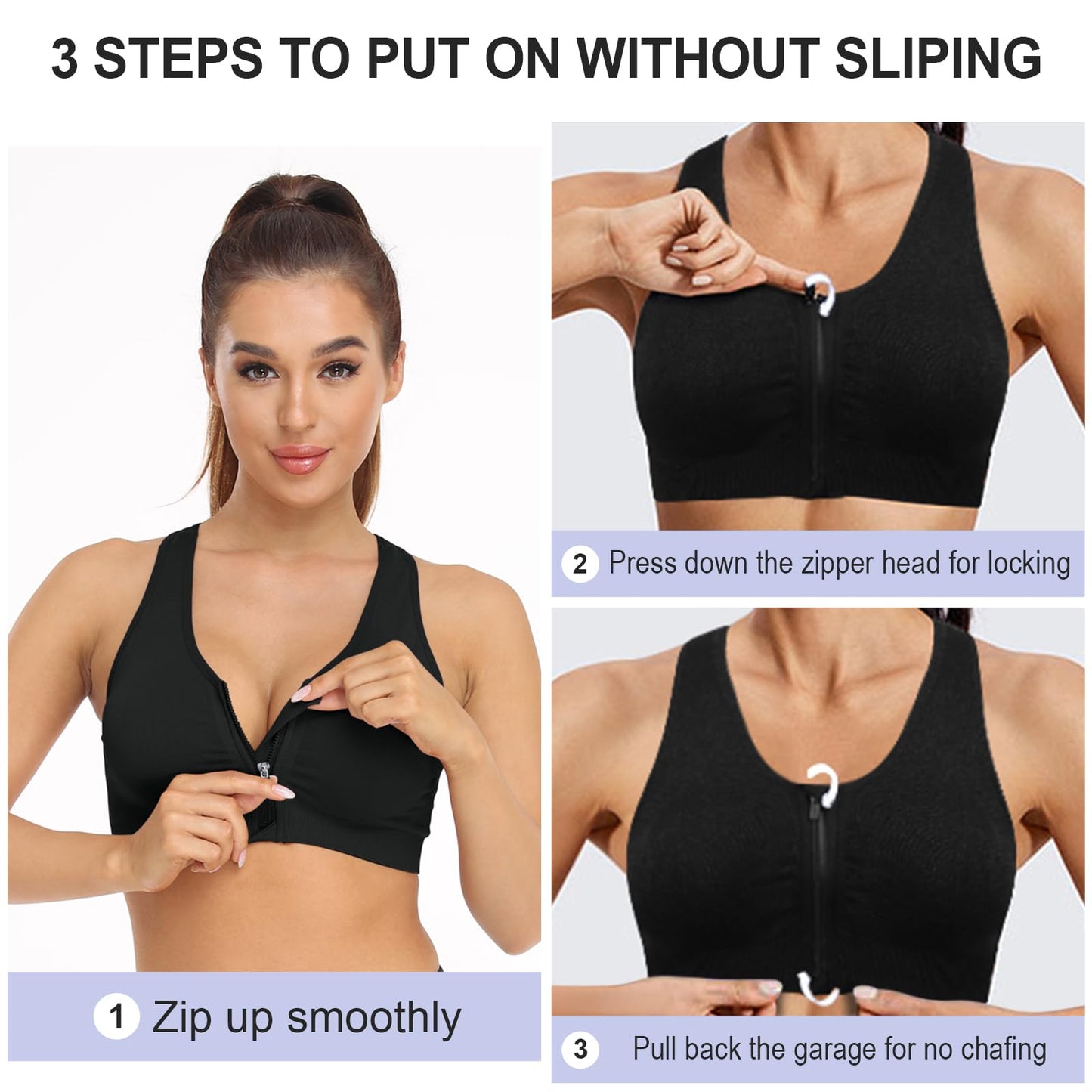 Women's Zip Front Sports Bra - Wireless, Post-Surgery, Padded, Racerback, Workout Gym Yoga Bras - 3 Pack (Large, Black+Grey+Light Blue)