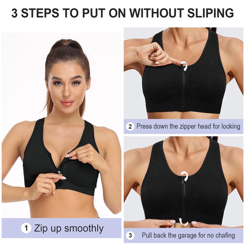 Women's Zip Front Sports Bra - Wireless, Post-Surgery, Padded, Racerback, Active, Yoga, Bust Reduction (X-Large, 3 Pack (Black+Grey+Bean Paste))