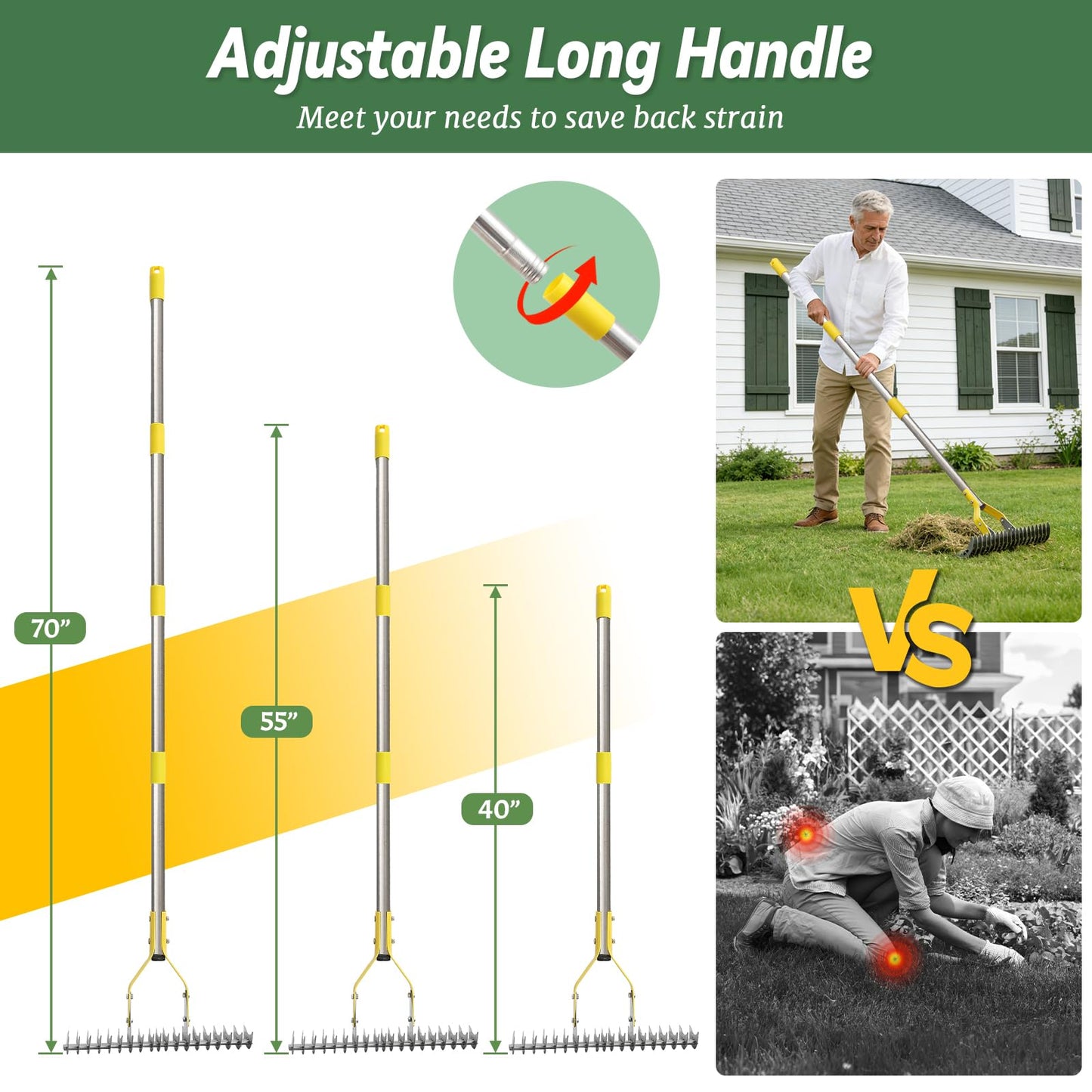 Thatch Rake, 15-Inch Wide Manual Dethatcher Rake for Cleaning Dead Grass, Loosening Soil, Efficient Stainless Steel Dethatching Rake with Long Adjustable Handle, Thatch Rakes for Lawns, Yard, Garden