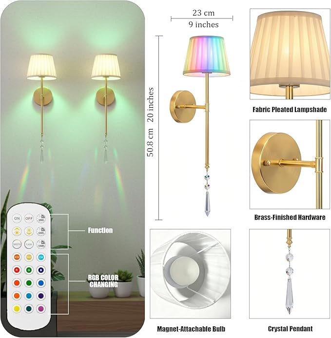 Battery Operated Wall Sconces Set of Two, Rechargeable Wall Sconce Wireless Battery Wall Lamp with 15 Colors RGBCW Dimmable Magnetic Bulbs & Remote for Bedroom Living Room Hallway Decor Gold