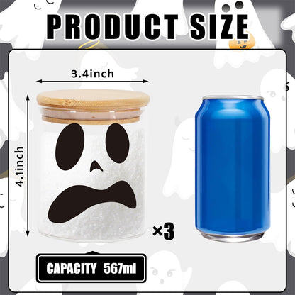 JarThenaAMCS 3Pcs Halloween Glass Storage Jars with Airtight Bamboo Lid Ghost Decorative Clear Food Storage Canisters Sets for Home Kitchen Countertop Decoration