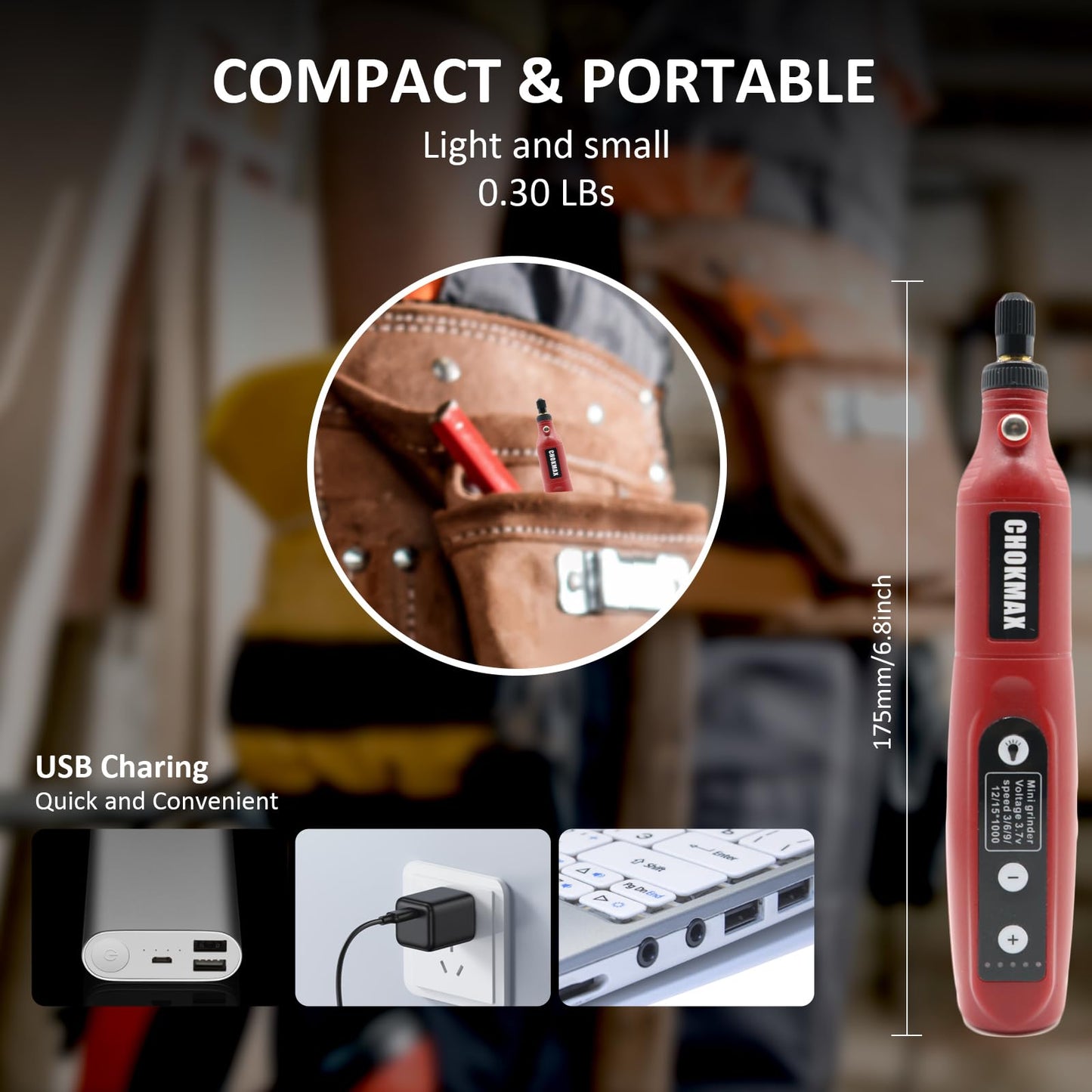 CHOKMAX Cordless Rotary Tool Kit, 3.7V Mini Grinder with 5 Variable Speed, Front LED Work Light, 42pcs Accessories Electric Multi-Tool for Polishing, Cleaning and Engraving