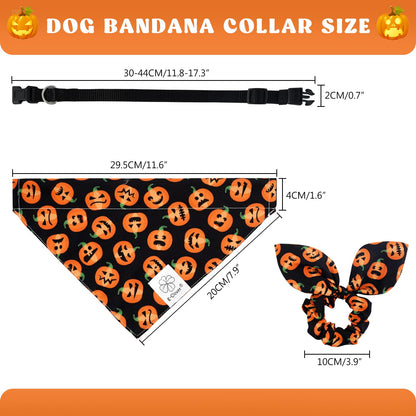 E-Clover Halloween Dog Collar - Pumpkin Dog Collar Bandana & Matching Scrunchie Adjustable Dog Collars Girl Boy for XS Small Dogs Puppy Owner Gift