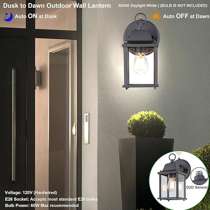 LIT-PaTH Dusk to Dawn Outdoor Wall Lantern, Wall Sconce, Waterproof Proch Light Fixture E26 Base, Aluminum Housing Glass Shade, Outdoor Rated, 2-Pack, Black