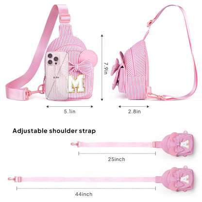 QLOVEA Valentines Day Gifts for Kids, Birthday Gifts for Girls Kids, Initial Pink Sling Bag for Kid Girl | Initial Monogram Fanny Packs Crossbody Bag Purse for Girl Kid Year Old Birthday Gift (Pink A)
