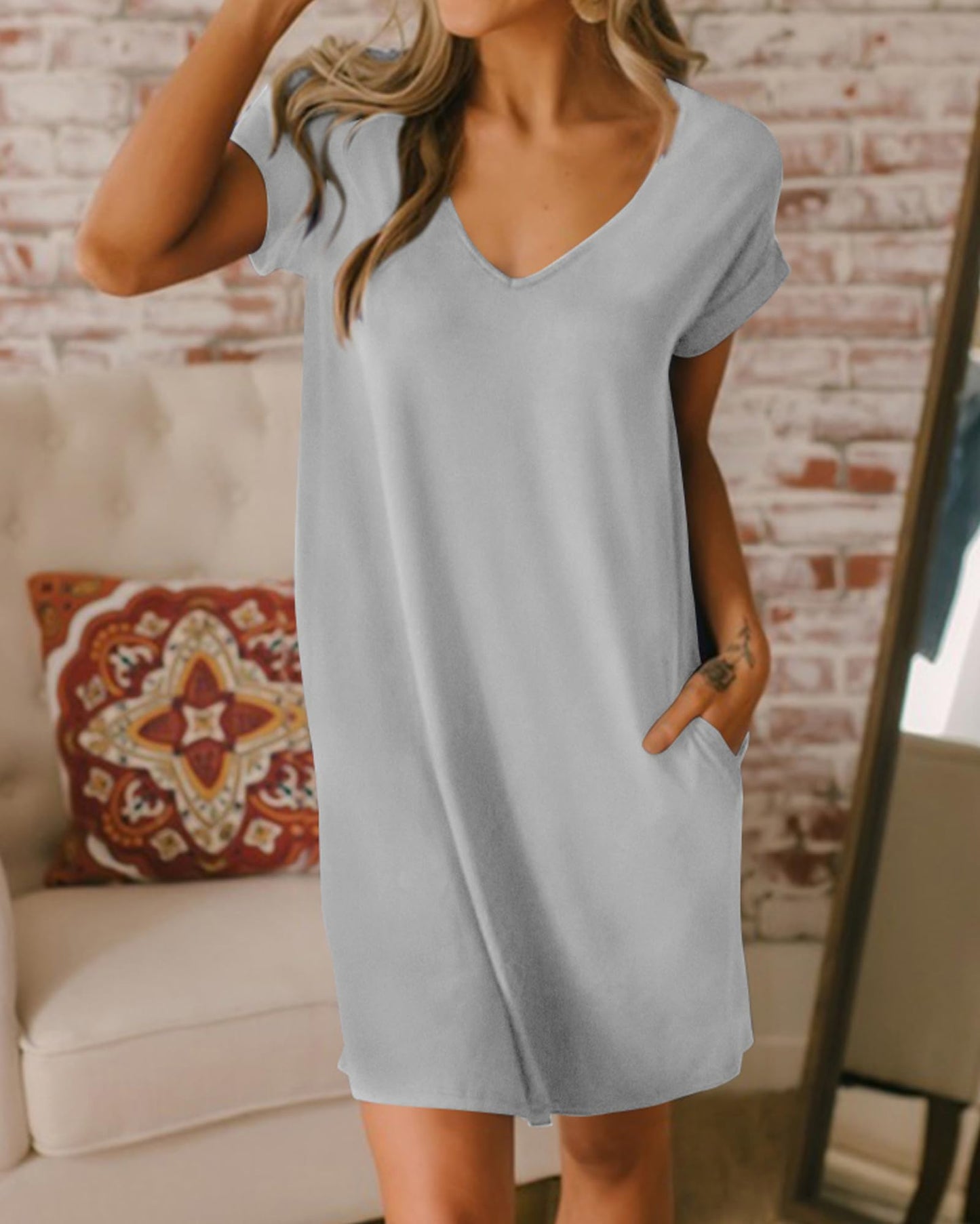 BTFBM Women Summer T Shirt Dresses 2025 Spring Short Sleeve V Neck Loose Casual Short Vacation Dress Pajamas Pockets(Grey, Large)