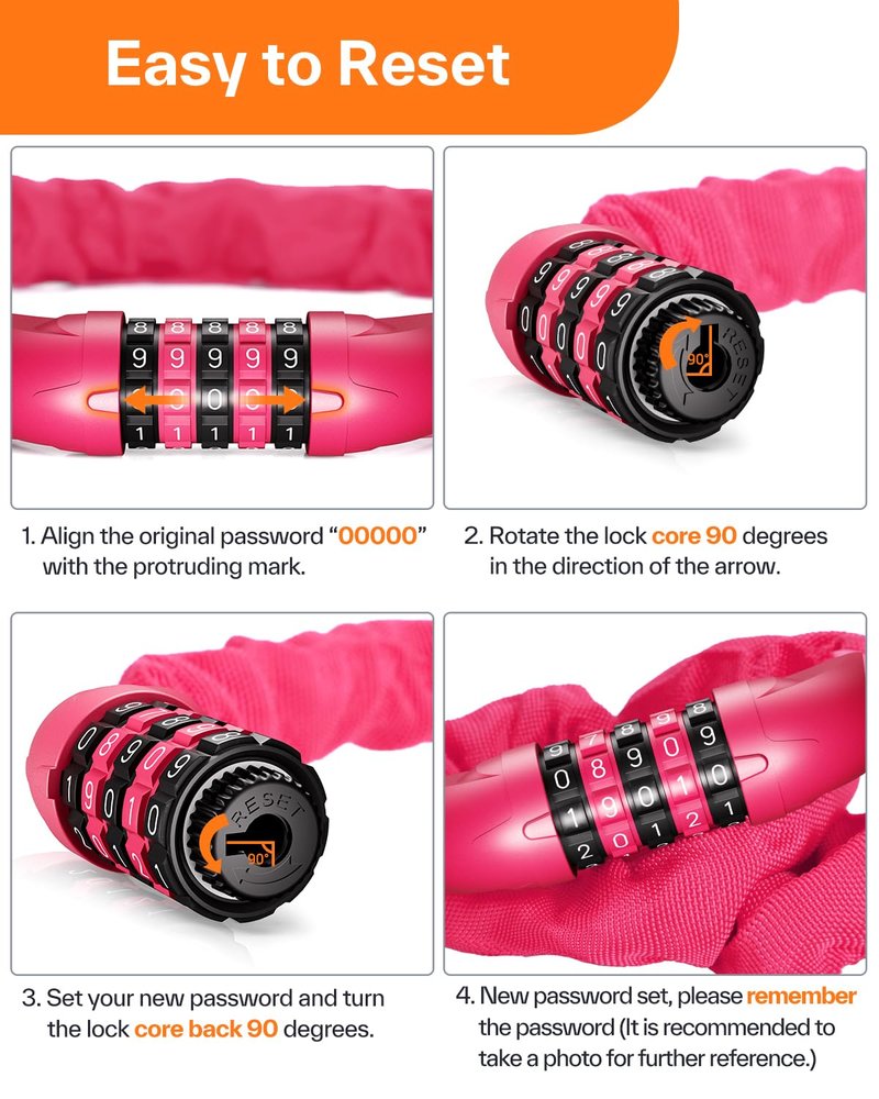 Sportneer Bike Lock: 5 Digit Combination High Security Anti Theft Bike Chain Lock - 3.2/3.6/4ft Heavy Duty Resettable Keyless Bicycle Lock for Bike, Motorcycle, Scooter, Door - 6mm Thick Rose Red