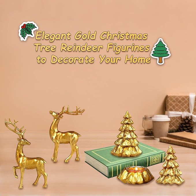 Christmas Reindeer Figurines 4 PCS Resin Tree Decorations Indoor Xmas Collectible Deer Statue Cute Holiday Ornament with 2pcs Tealights for Table Home