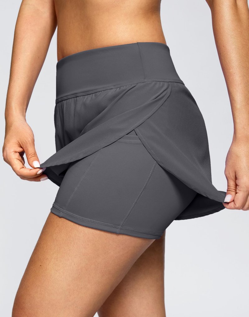 Soothfeel Women's 2 in 1 Running Shorts - High Waisted Lightweight Athletic Workout Gym Yoga Shorts Spandex Liner with Pockets Dark_Grey M