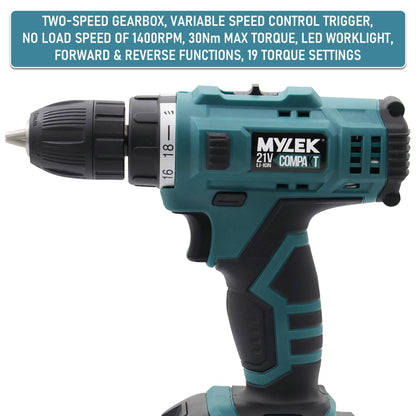 MYLEK MYBMC092 18V Cordless Drill Electric Driver Set, Lithium Ion Battery, 18 Volt Combi Screwdriver Pack, Black, 151 DIY Piece Accessory Kit and Carry Case (Blue 21V & 29 Piece Accessory Kit)