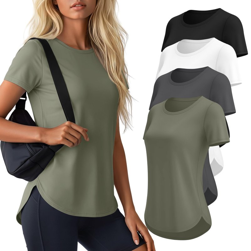 Locoowai 4 Pack Women's Workout Shirts UPF 50+ Athletic Breathable Short Sleeve Tops Quick Dry Split Hem Running Gym Yoga Tee(White,Black,Dark Gray,Grey Green,X-Large)