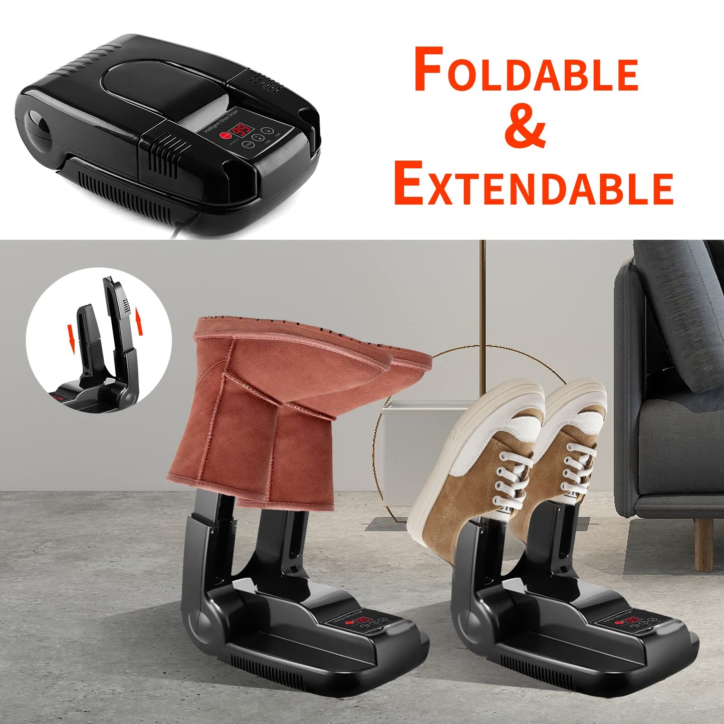 Boots Dryer, Electric Foot Warmer with Timer Shoe Adjustable Odour Eliminator Damp and Wet Remover Foldable Quick Dryer Electric Shoe Dryer for Drying Shoes Boots Gloves Socks