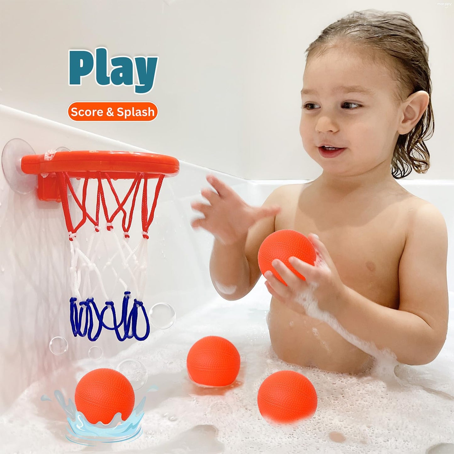Bath Toys – Bathtub Basketball Hoop for Toddlers, Kids, Boys and Girls | 4 No-Hole Balls & Strong Suction Cups | Fun Basketball Bath Toy for Toddlers