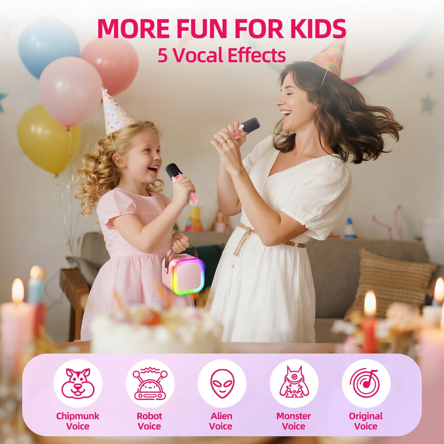 Kinglucky Mini Karaoke Machine for Kids, 2025 TOP Birthday Gifts Ideas for 3-12 Year Old Girls, Christmas Party Gifts Kids' Personal Video Players Accessories with 2 Wireless Microphones - Pink