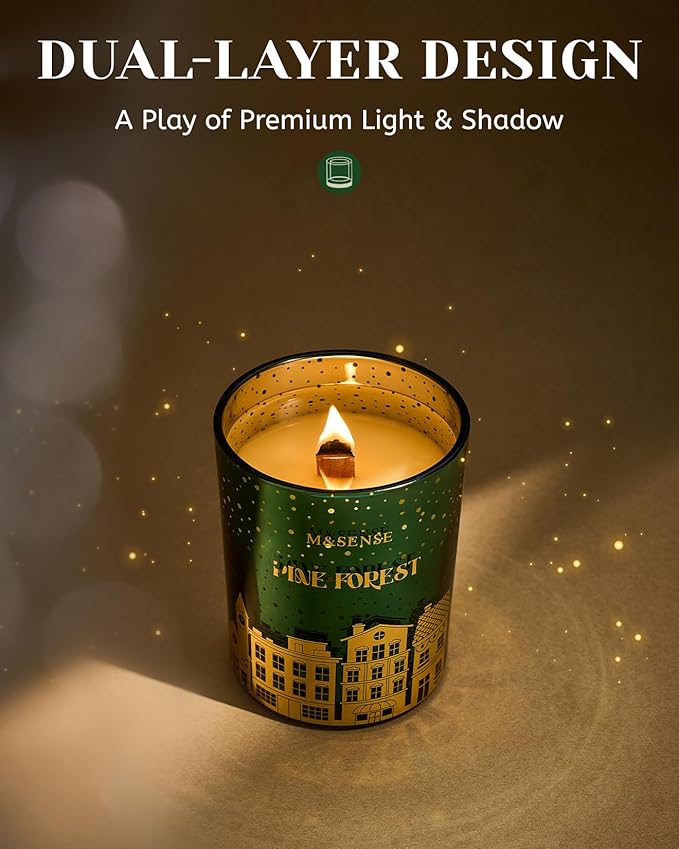 M&SENSE Pine Forest Christmas Candles, Large Winter Scented Soy Candles, Cracking Wooden Wick 18oz 100 Hours Long Lasting Clean Burn, Luxury Holiday Gifts for Relaxation, Stress Relief