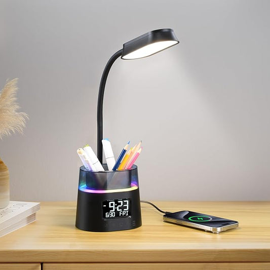 Led Desk Lamp for Home Office, Touch Table Lamp with USB Charging Port, 3 Color Modes Stepless Dimmable Reading Light, Gooseneck Lamp for Dorm Room, Bedside Study Light with Clock,Adapter Include