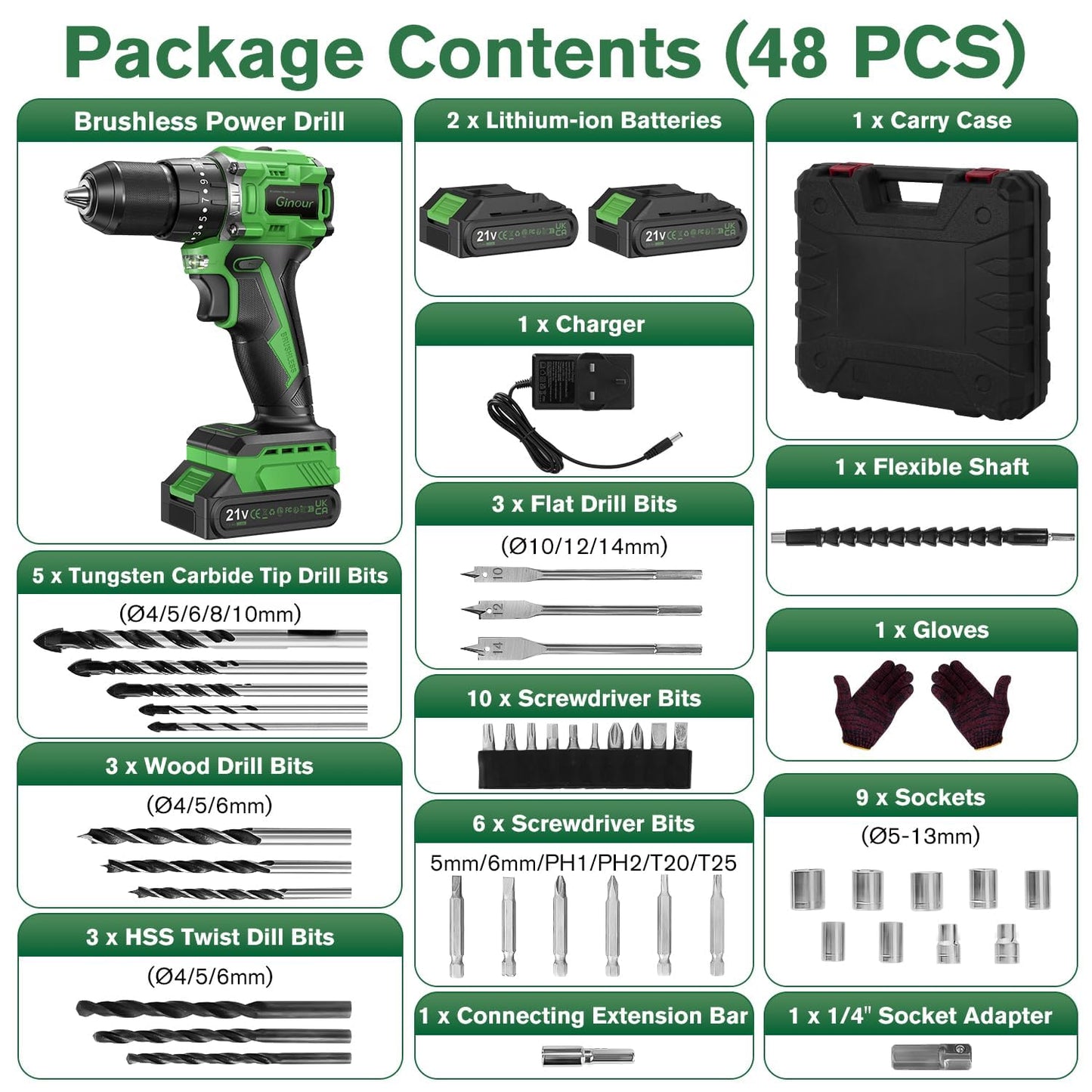 Ginour 21V Brushless Cordless Combi Drill Set, 2x1.5Ah, Hammer Drill 50Nm, compatible with Makita 18V Battery, 23+3 Torque, 2 Speed, 48PCS Electric Screwdriver kit, Impact drill for Masonry Wood Metal