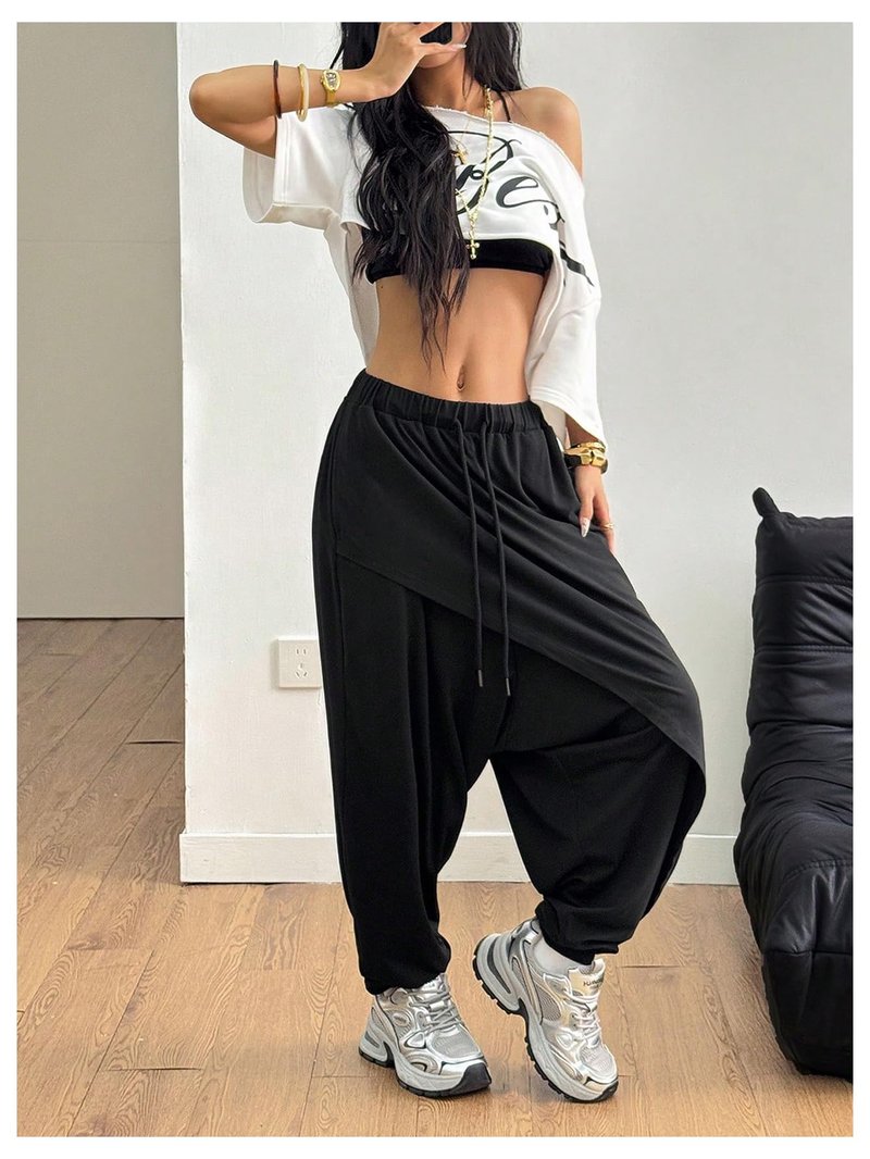 RoseSeek Women's Hippie Baggy Harem Pants Drawstring Waist Drop Crotch Trousers Asymmetrical Wrap Streetwear Black X-Large