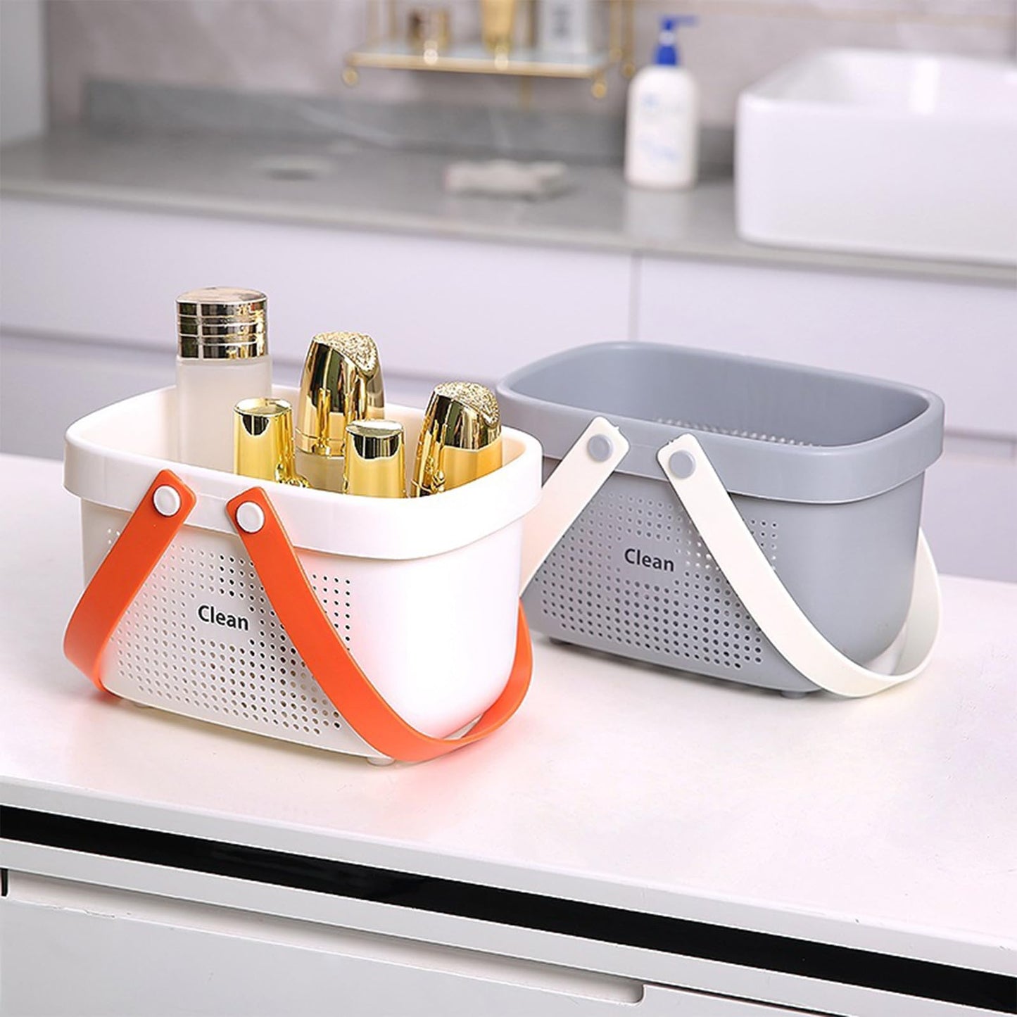 JiatuA Plastic Storage Basket with Handle Portable Shower Caddy Tote Organizer Basket Bin for Bathroom Kitchen Dorm Room Bedroom, Small Grey