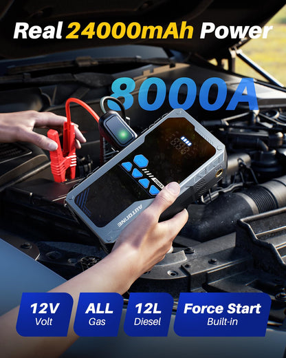 AUTOONE 8000A Jump Starter with Air Compressor (All Gas/12L Diesel), 150PSI Car Jumper Starter Portable, Jump Box Tire Inflator with LED Flashlight, LCD Display, Storage Case