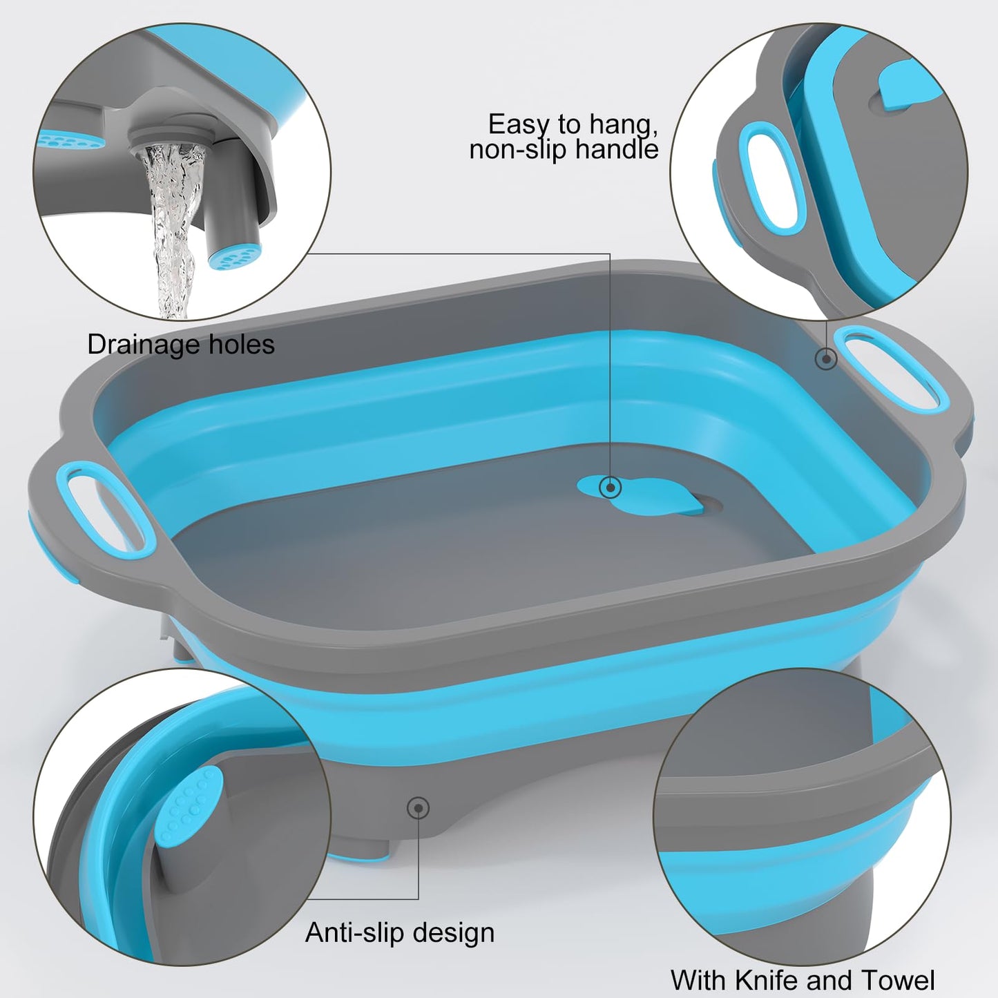 Collapsible Cutting Board,HI NINGER Camping cutting board with knife,Multifunctional Kitchen Vegetable Washing Basket Silicone Dish Tub for Camping Kitchen essentials/bbq prep tub/rv accessories